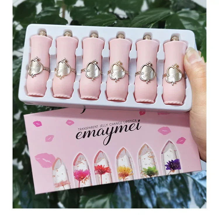 6-Pc Flower Jelly Crystal Lipstick Set | Color-Change Lip Gloss Crystal Lip Gloss Set QXL