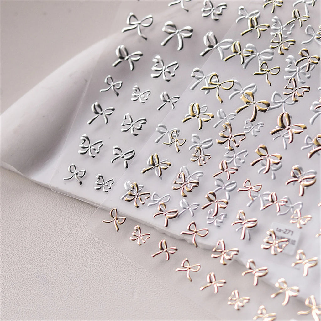 5D Bronzing Bow Nail Art Stickers | Gold Silver Kawaii Decals Nail Art Stickers QXL