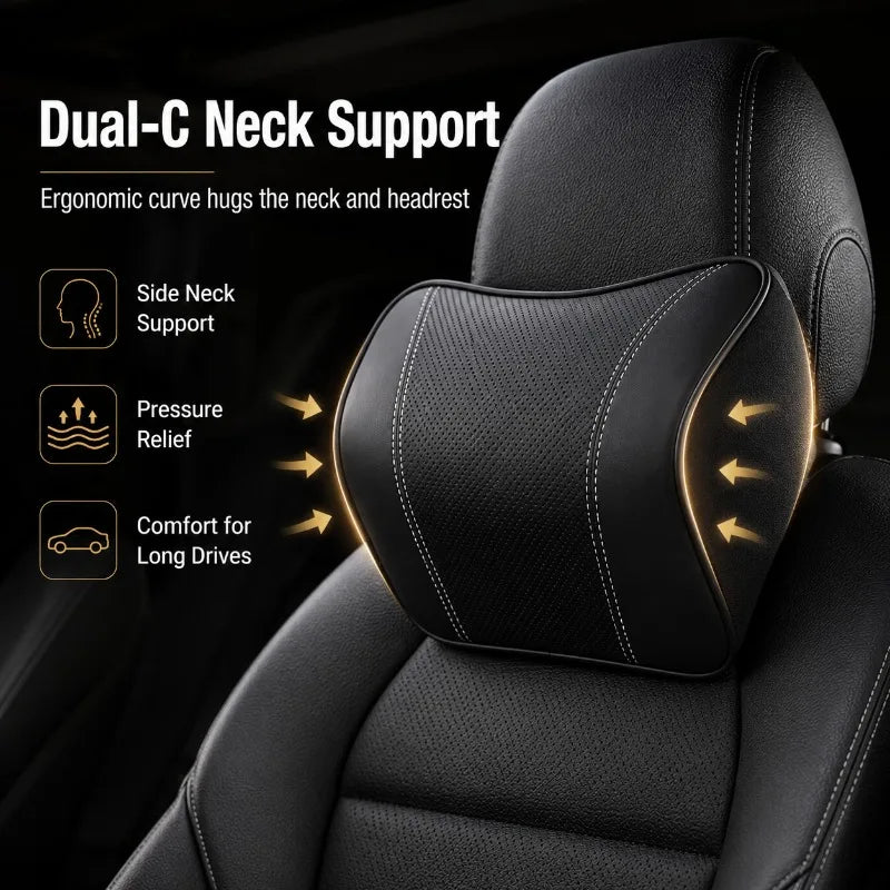 Leather Car Headrest Pillow & Lumbar Cushion | Memory Foam Car Seat Cushion Set QXL