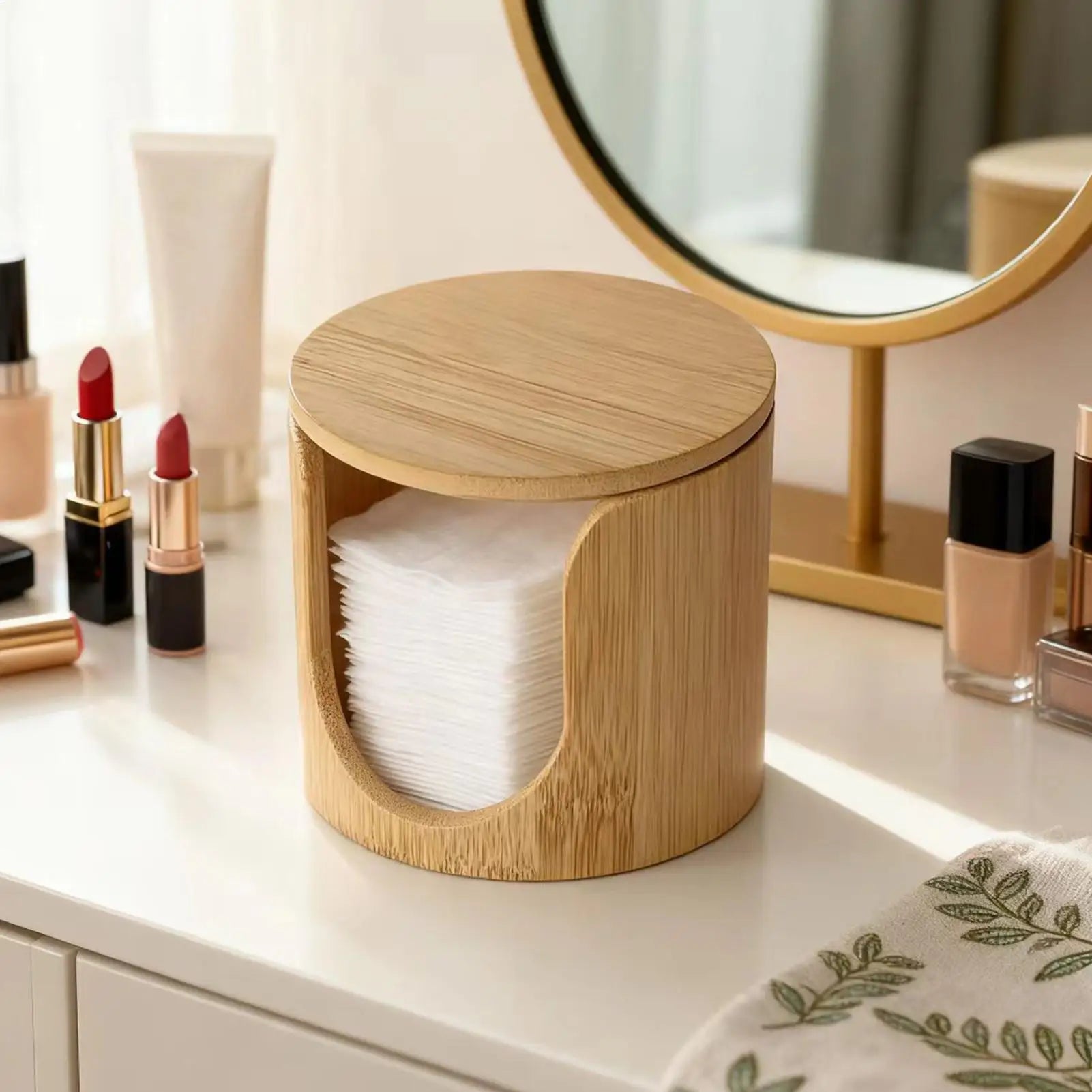 Round Wooden Cotton Pad Holder & Makeup Organizer Box Makeup Storage Organizer QXL