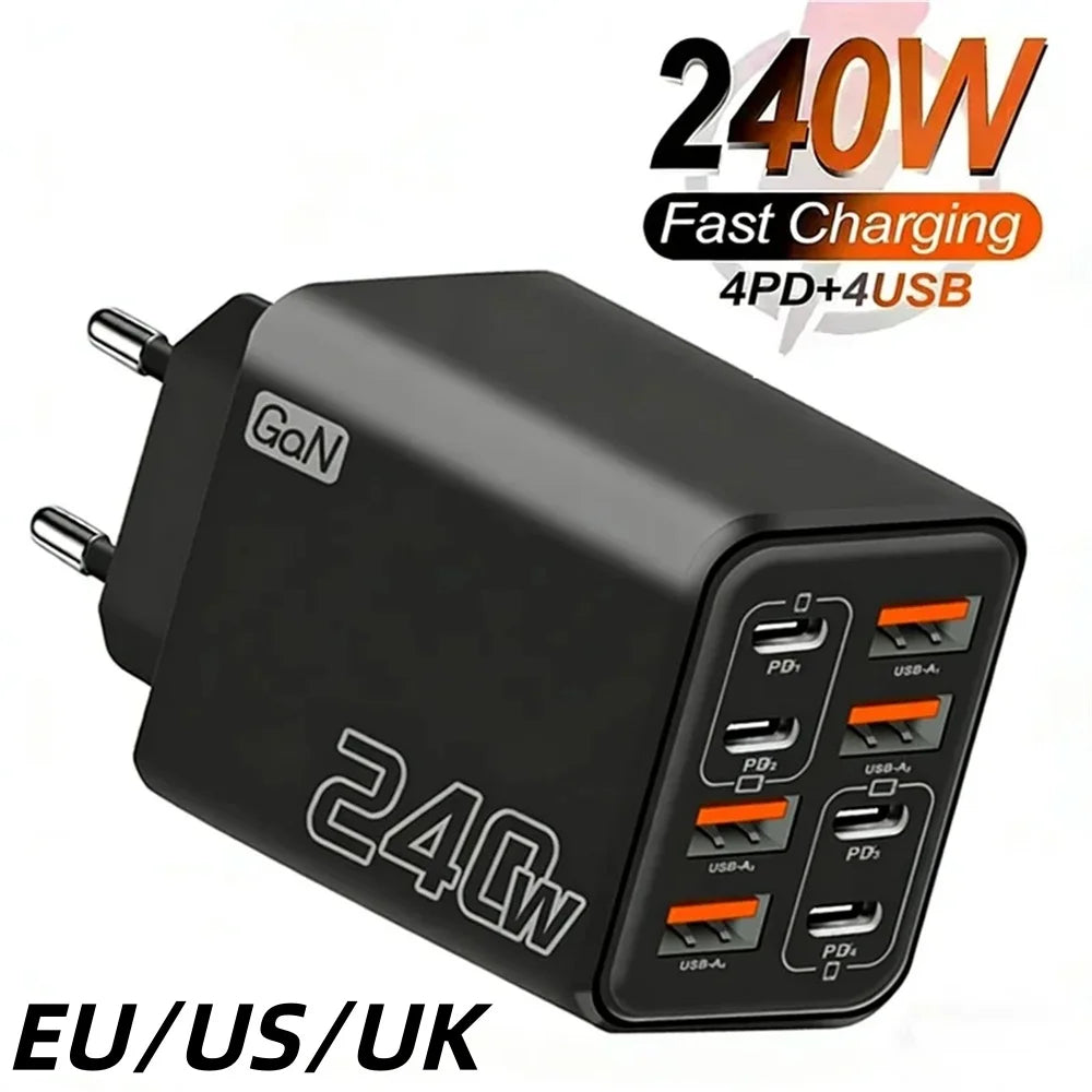 240W 8-in-1 GaN USB-C Fast Charger | 4PD 4USB Desktop Hub GaN Desktop Charger QXL