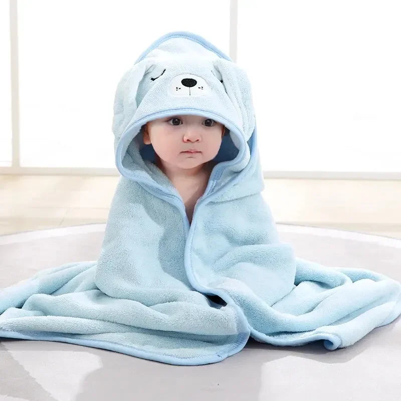 Hooded Baby Bathrobe | Coral Fleece Infant Towel & Swaddle Baby Hooded Bathrobe QXL B324-Blue