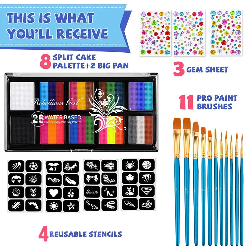 VERONNI 10-Color Face & Body Paint Palette with Brushes Face & Body Paint QXL