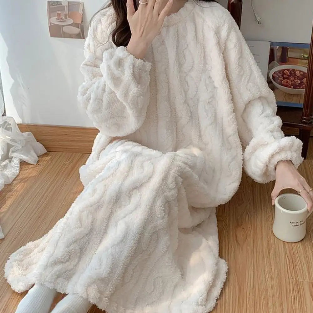 Women's Coral Fleece Nightgown | Long Sleeve Flannel Sleepwear Fleece Nightgown QXL
