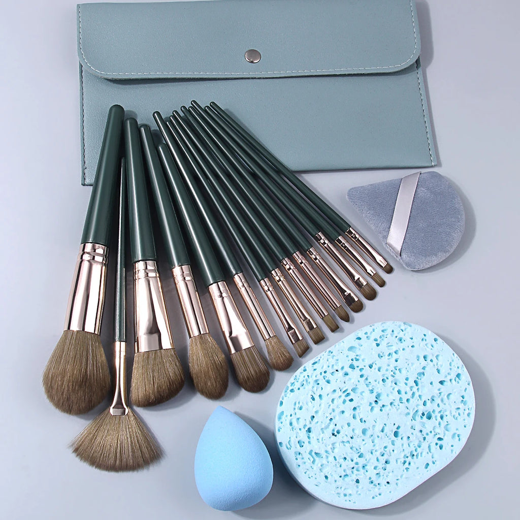 18-Piece Dark Green Makeup Brush Kit with Storage Bag Makeup Brush Set QXL