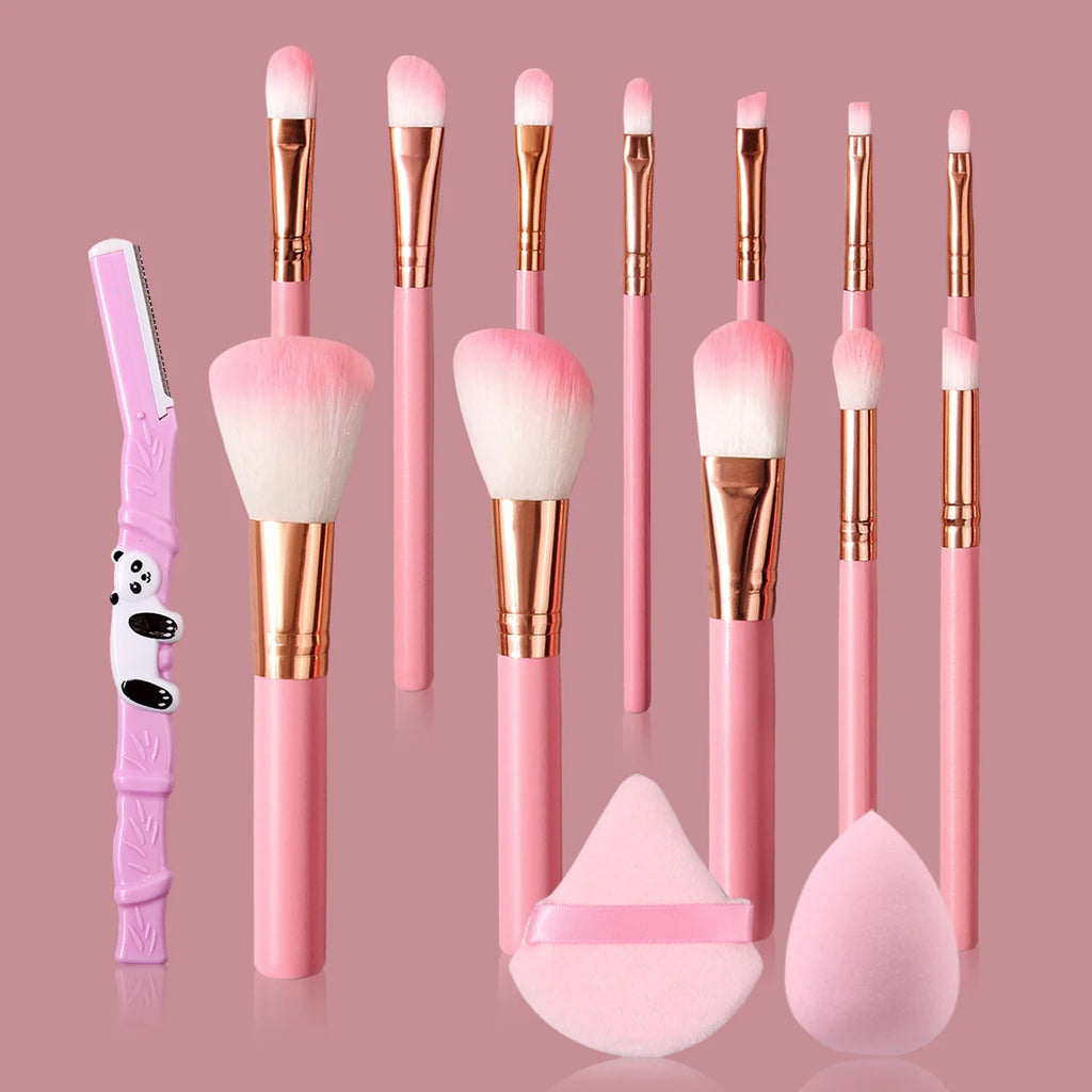 15-Pc Pink Makeup Brush Set | Sponge, Puff & Eyebrow Razor Makeup Brush Set QXL Pink