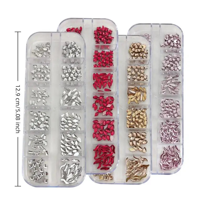12-Grid Nail Rhinestones | Flat-Bottom Diamond Gems 50pc Set Nail Art Rhinestones QXL