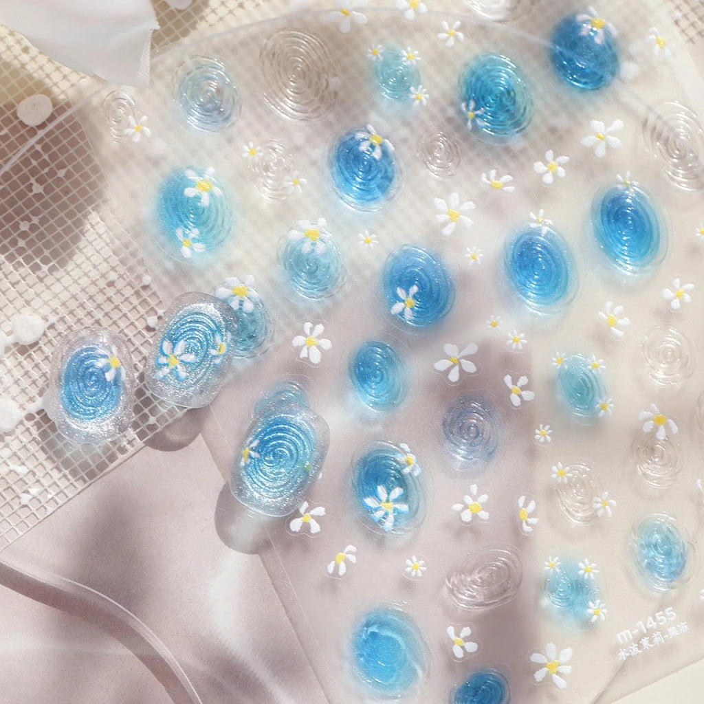 5D Summer Nail Stickers – Water Ripple & Daisy Beach Decals Nail Art Stickers QXL