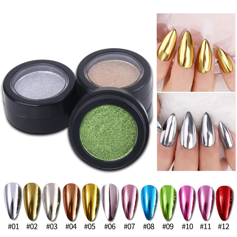 VERONNI 12-Color Chrome Nail Powder | Mirror Glitter Pigment Chrome Nail Powder QXL