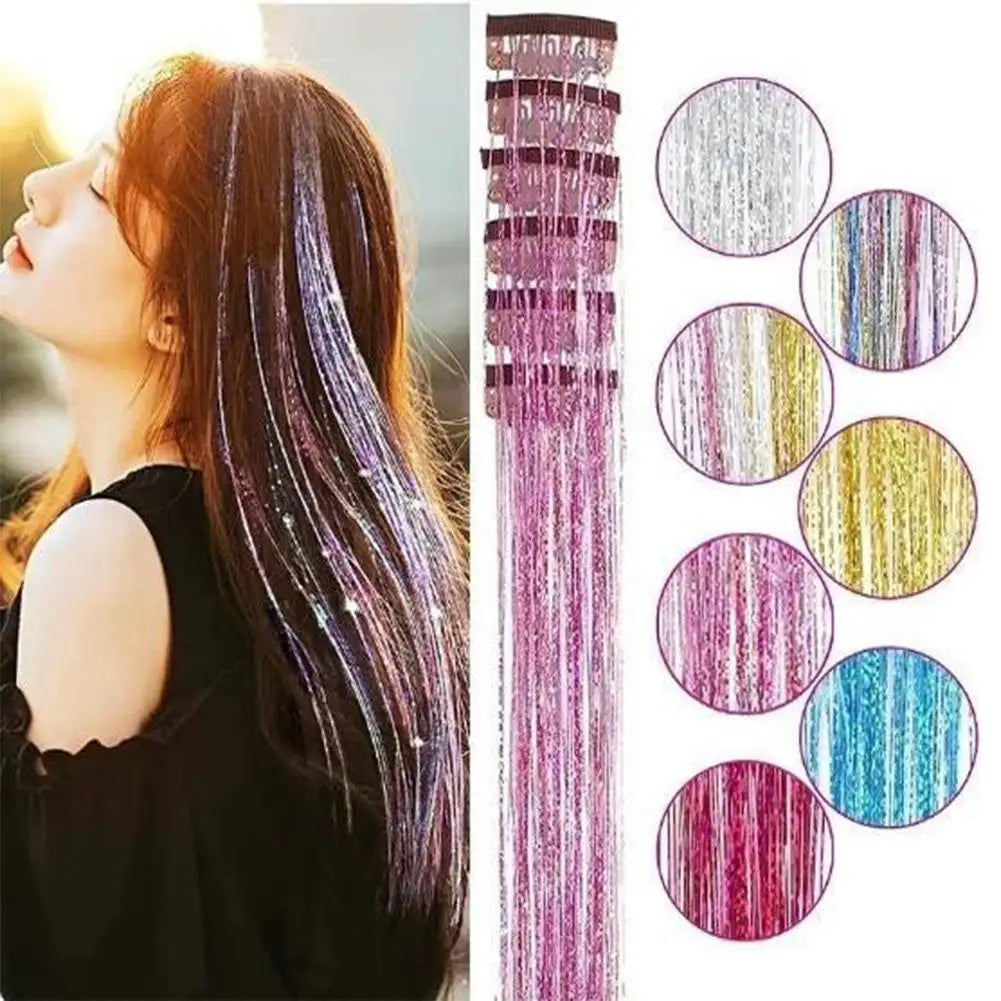 12-Pack Glitter Tinsel Clip-In Hair Extensions | Festival Shimmer Clip-In Hair Extensions QXL