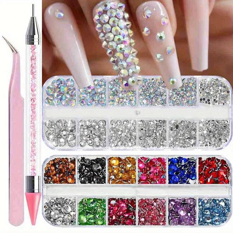 SS6–SS30 Mixed Nail Rhinestones White AB Flat-Back Gem Set Nail Art Rhinestones QXL