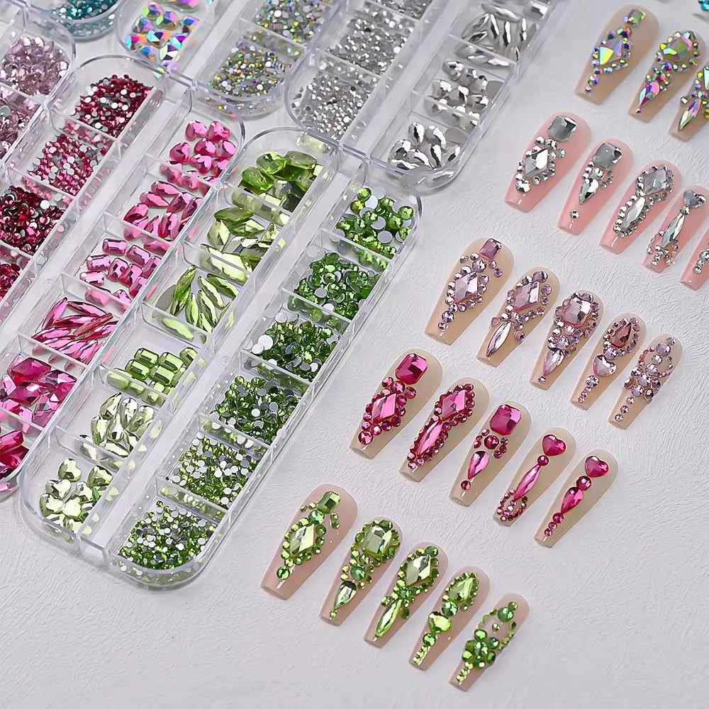 12-Grid 3D Nail Rhinestones | Teardrop & Heart Charms Set Nail Art Rhinestones QXL