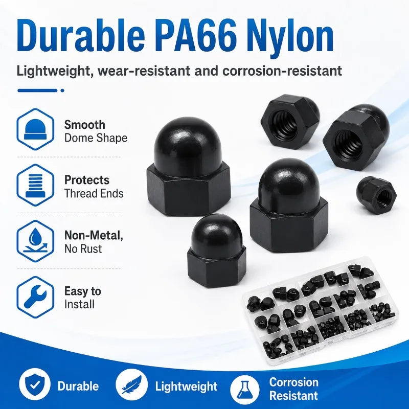 110-Pc Nylon Acorn Cap Nuts M3–M10 PA66 Black Kit + Storage Box Acorn Cap Nut Kit QXL
