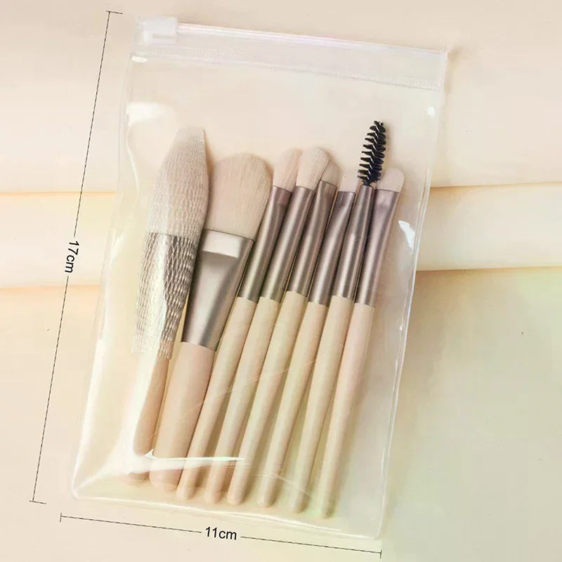 8-Piece Mini Makeup Brush Set | Soft Nylon Wood Handle Makeup Brush Set QXL