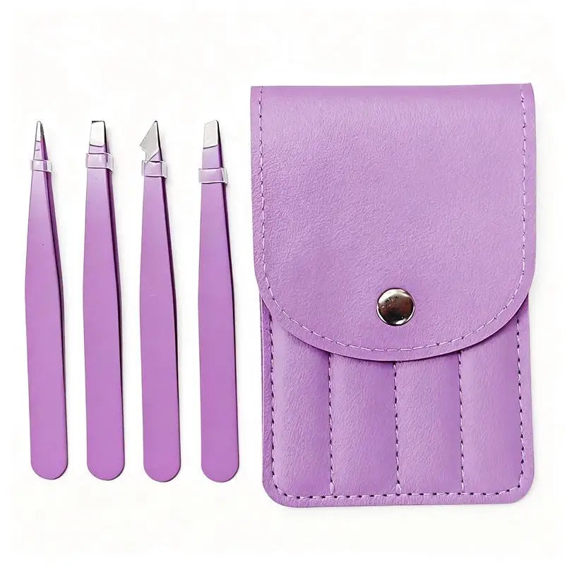 4-Pc Colorful Stainless Steel Tweezer Set with Storage Bag Eyebrow Tweezer Set QXL Purple