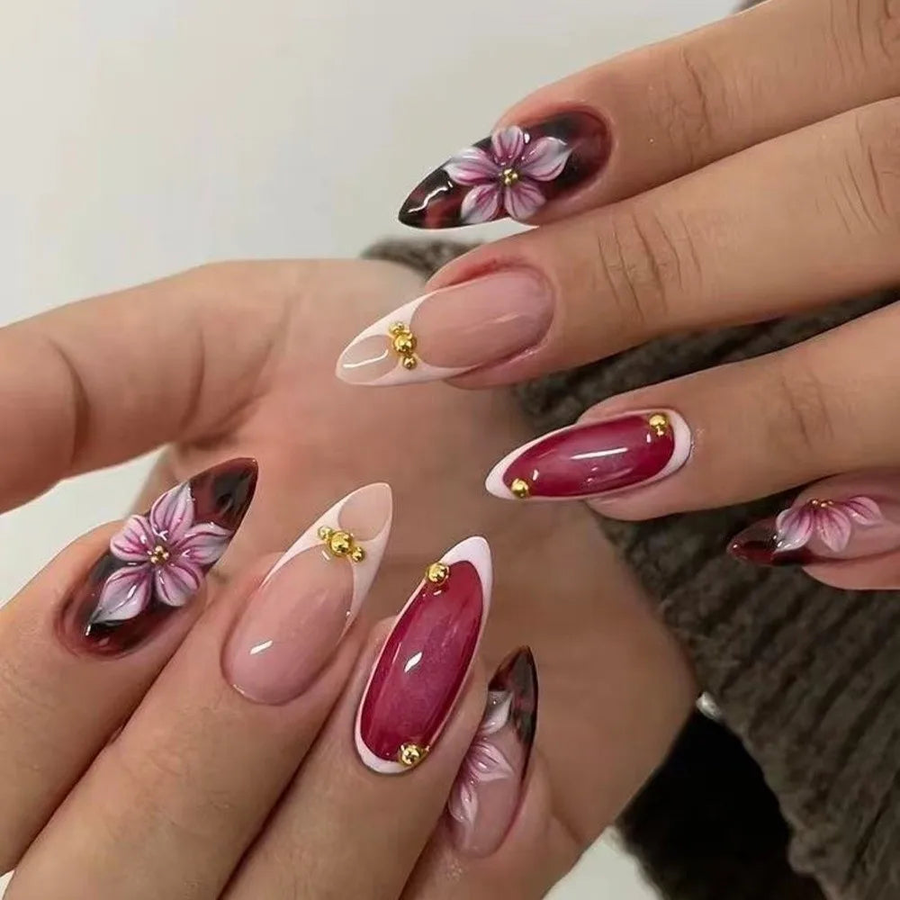 24-Pc French Almond Press-On Nails | Pink Flower False Tips Press-On Nails QXL