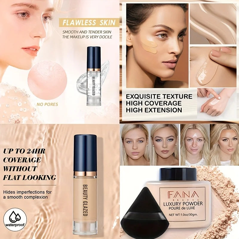 4-Piece Travel Makeup Set | Foundation, Primer, Powder & Sponge Makeup Combo Set QXL