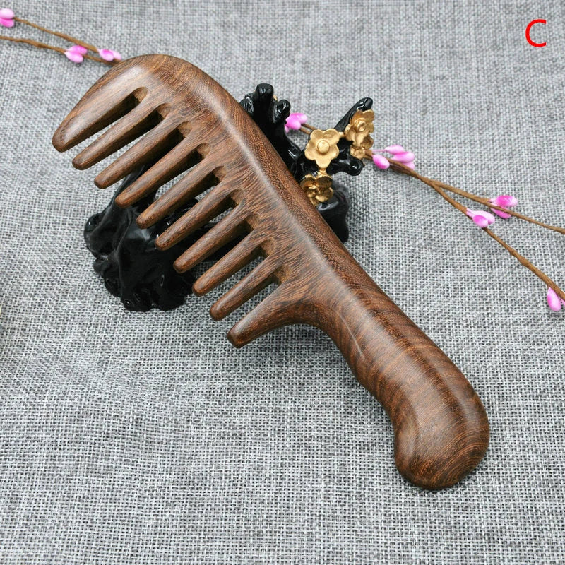 Natural Sandalwood Wide Tooth Comb | Anti-Static Detangler Wooden Hair Comb QXL C