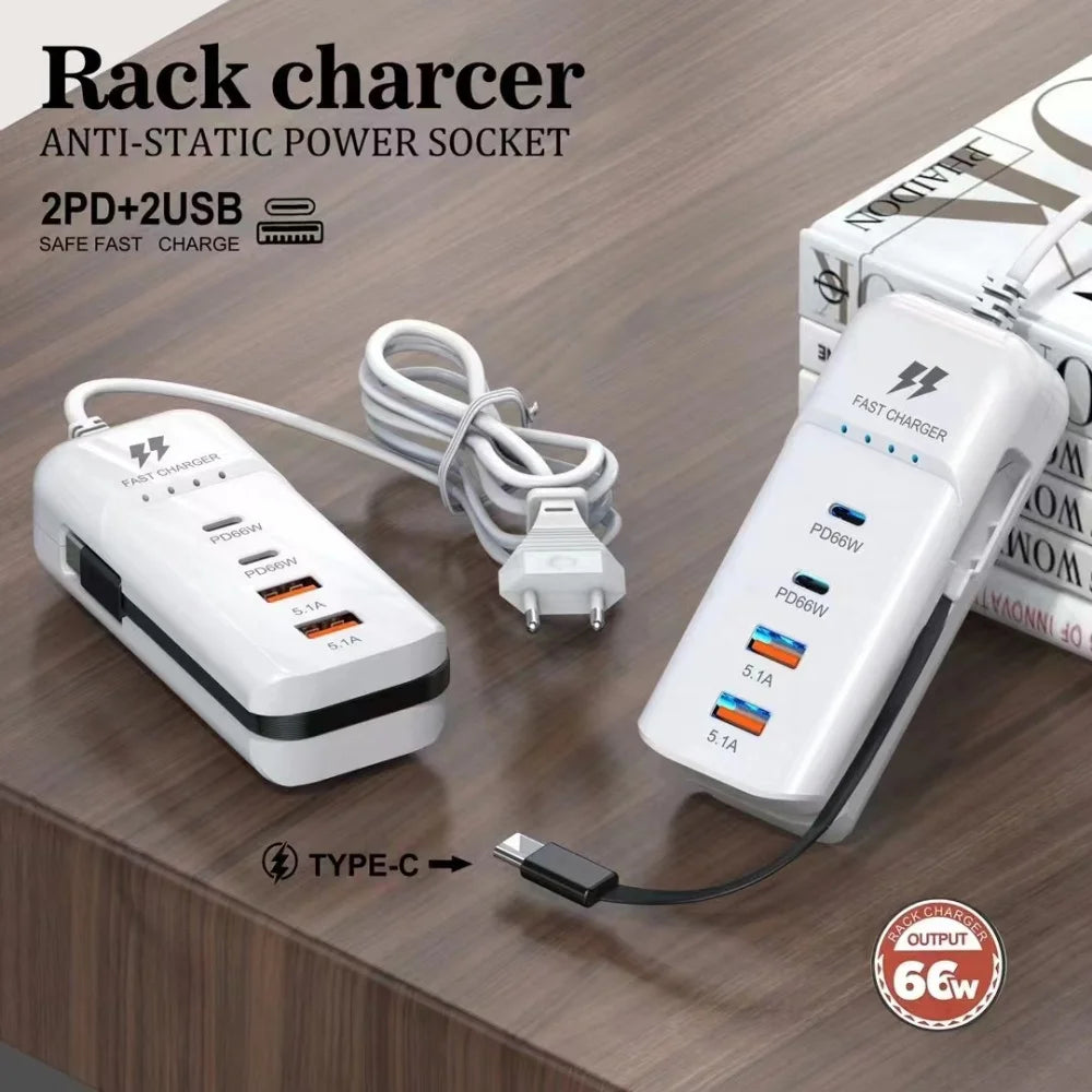 66W 4-Port USB-C Fast Charger | EU US UK Plug Wall Adapter USB-C Wall Charger QXL