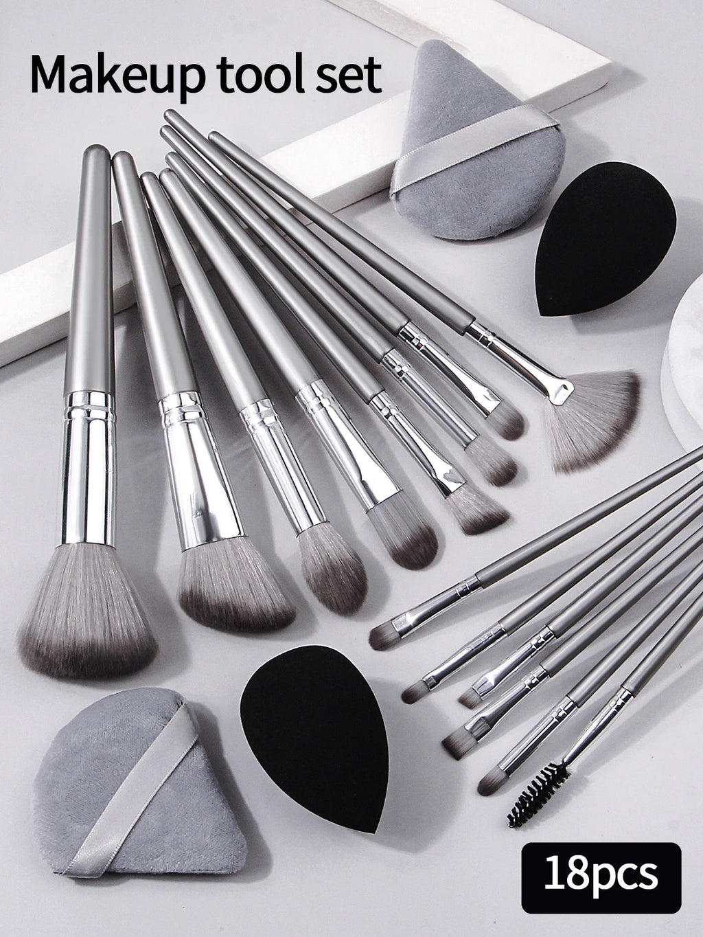 18-Pc Makeup Brush Set with Sponges & Powder Puffs Makeup Brush Set QXL