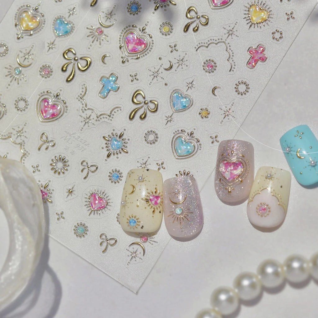 5D Embossed Nail Stickers | Heart Rhinestone Bow Moon Star Decals Nail Art Stickers QXL
