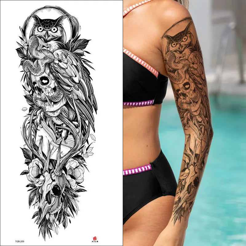 Full-Arm Black & White Sketch Temporary Tattoo Stickers Temporary Tattoo Sticker QXL