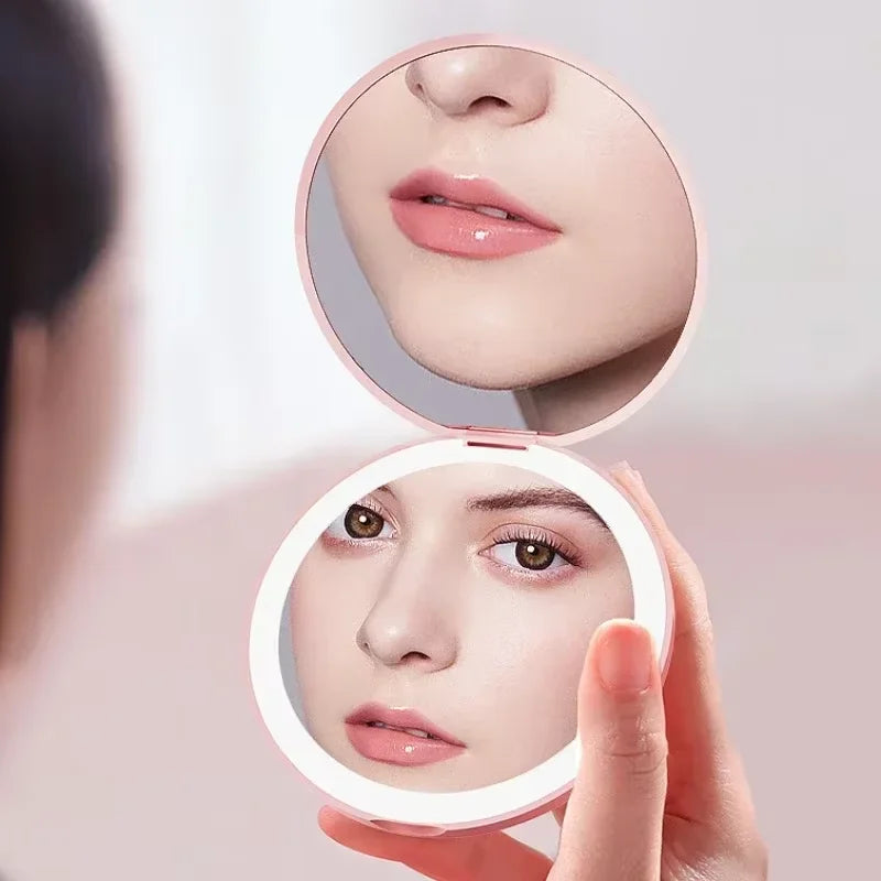 Pocket LED Makeup Mirror | Portable 2X Magnifying Compact Lighted Makeup Mirror QXL