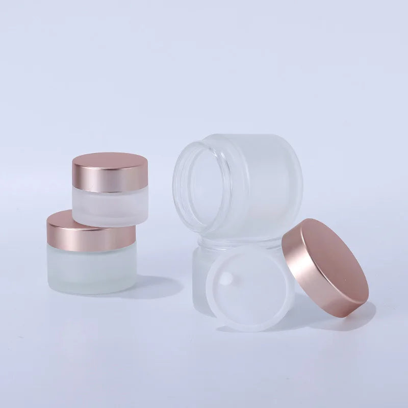 10-Pack Frosted Glass Cream Jars with Rose Gold Lids | 5–100g Cosmetic Glass Jars QXL
