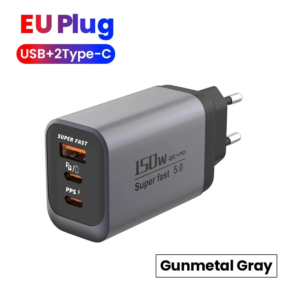 150W Multi-Port USB-C Fast Charger PD3.0 | EU US UK Plug USB-C Wall Charger QXL Grey EU