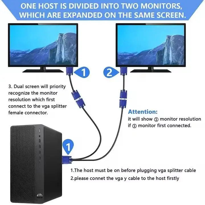 VGA Splitter Y Cable 1 Male to 2 Female | 1080P Screen Dup VGA Splitter Cable QXL