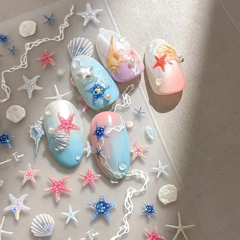 5D Embossed Seashell & Starfish Nail Stickers | Summer Decals Nail Art Stickers QXL