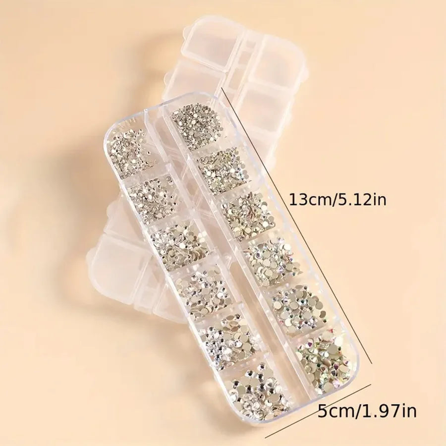 1440-Pc AB & White Glass Nail Rhinestones | 12-Grid Mixed Set Nail Rhinestone Set QXL