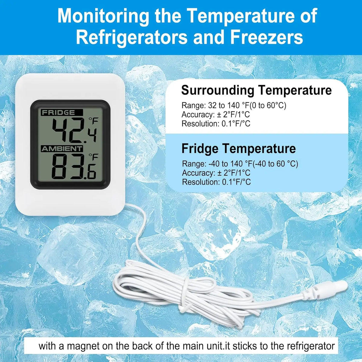 Digital Wired Refrigerator Thermometer | Large LCD Magnetic Digital Thermometer QXL