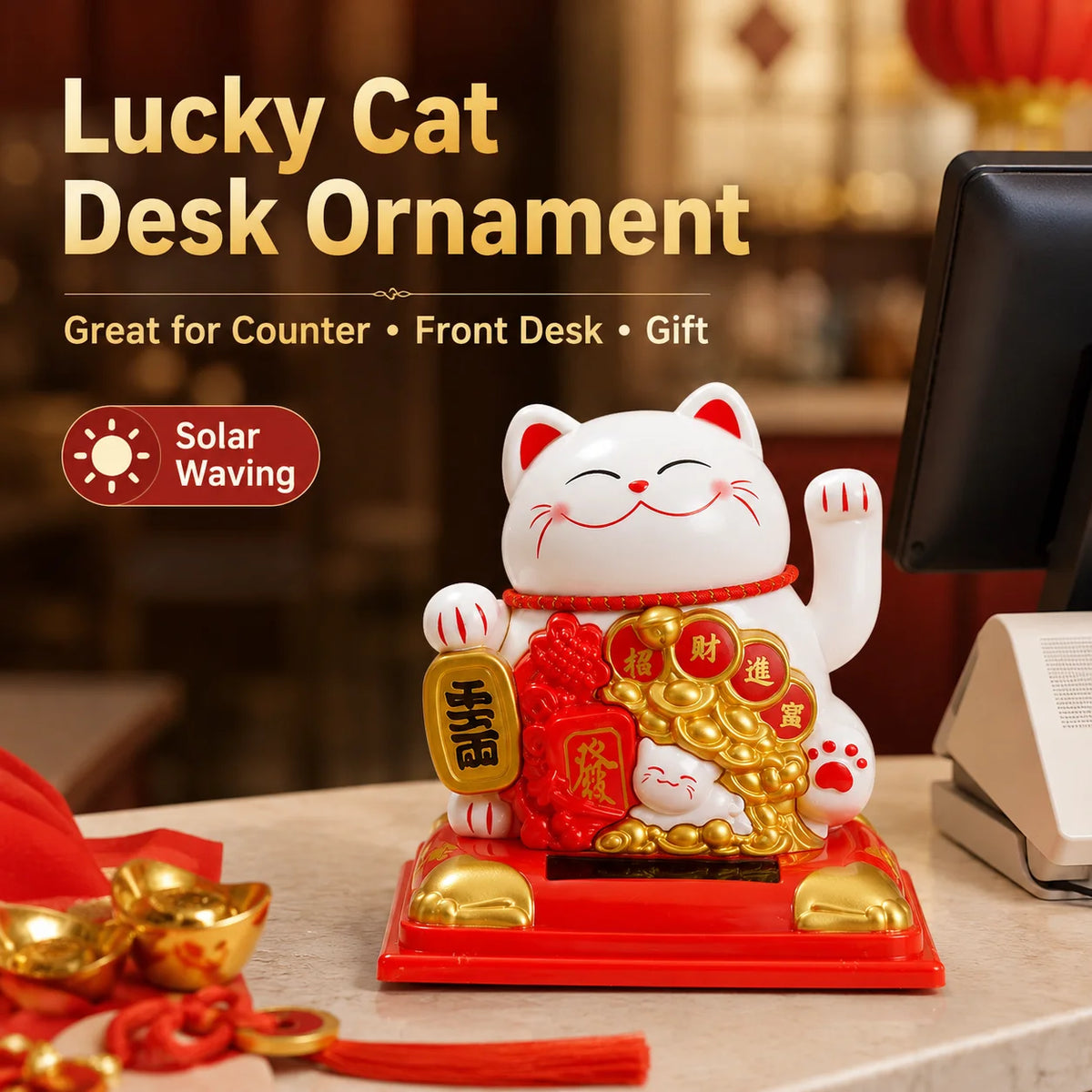 Solar Waving Lucky Cat | Maneki Neko Desk & Car Ornament Solar Figurine Ornament QXL