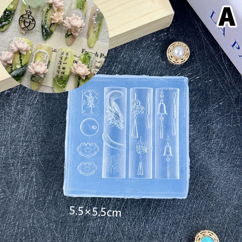 3D Chinese-Style Silicone Nail Art Mold | Dragon & Fan Designs Silicone Nail Mold QXL A