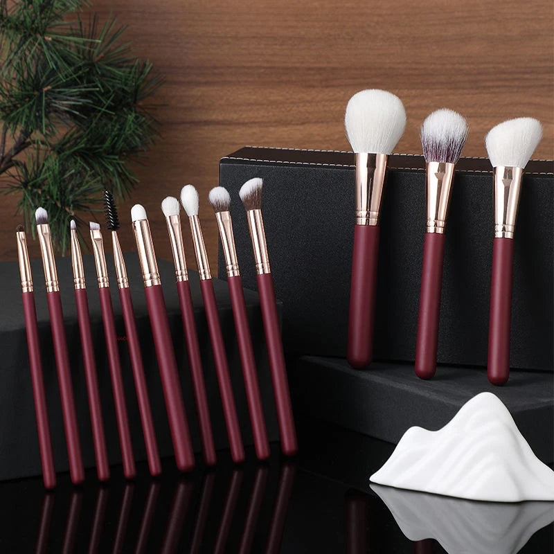 13-Pc Goat Hair Makeup Brush Set | Burgundy Wood Handle Makeup Brush Set QXL