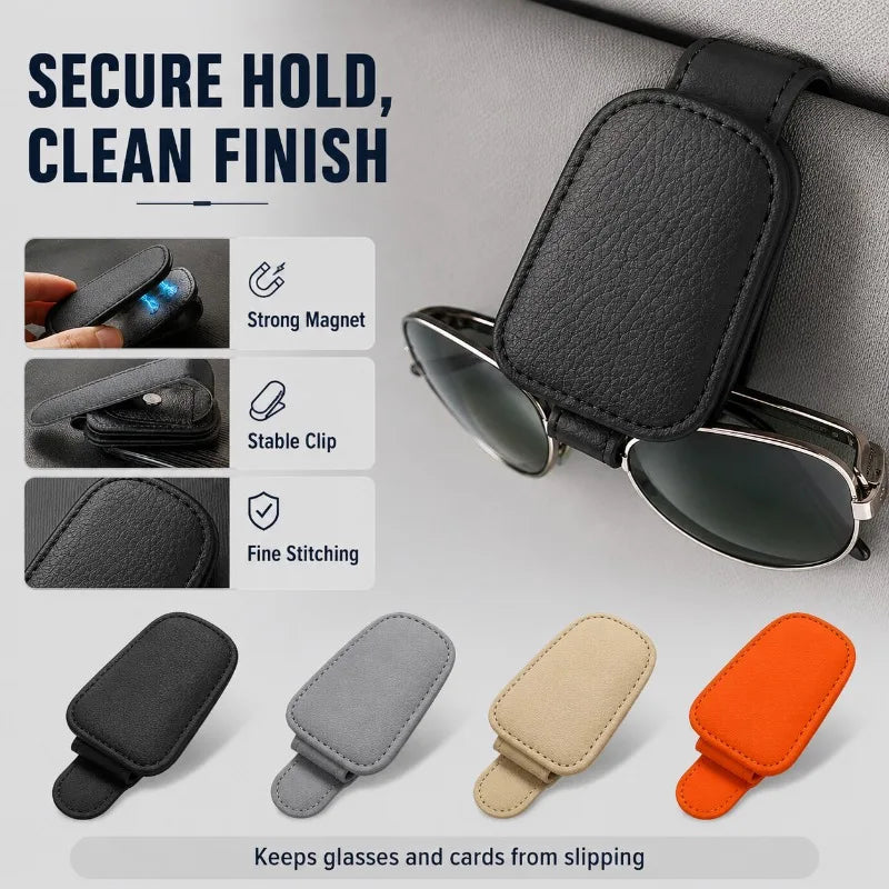 Magnetic Car Sun Visor Sunglasses Holder | PU Leather Clip Car Visor Organizer QXL