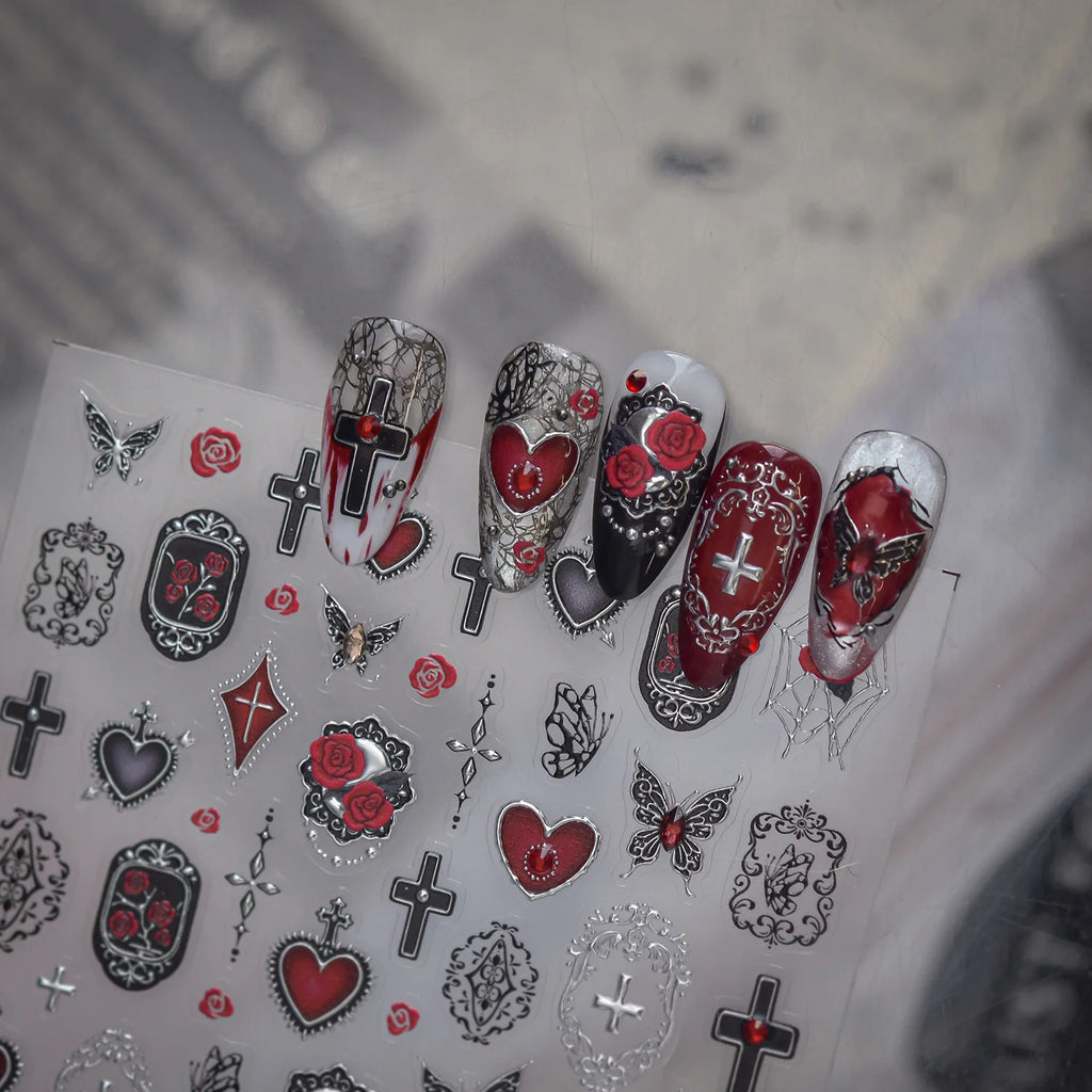 Gothic 5D Nail Stickers | Rose, Cross & Rhinestone Halloween Nail Art Stickers QXL