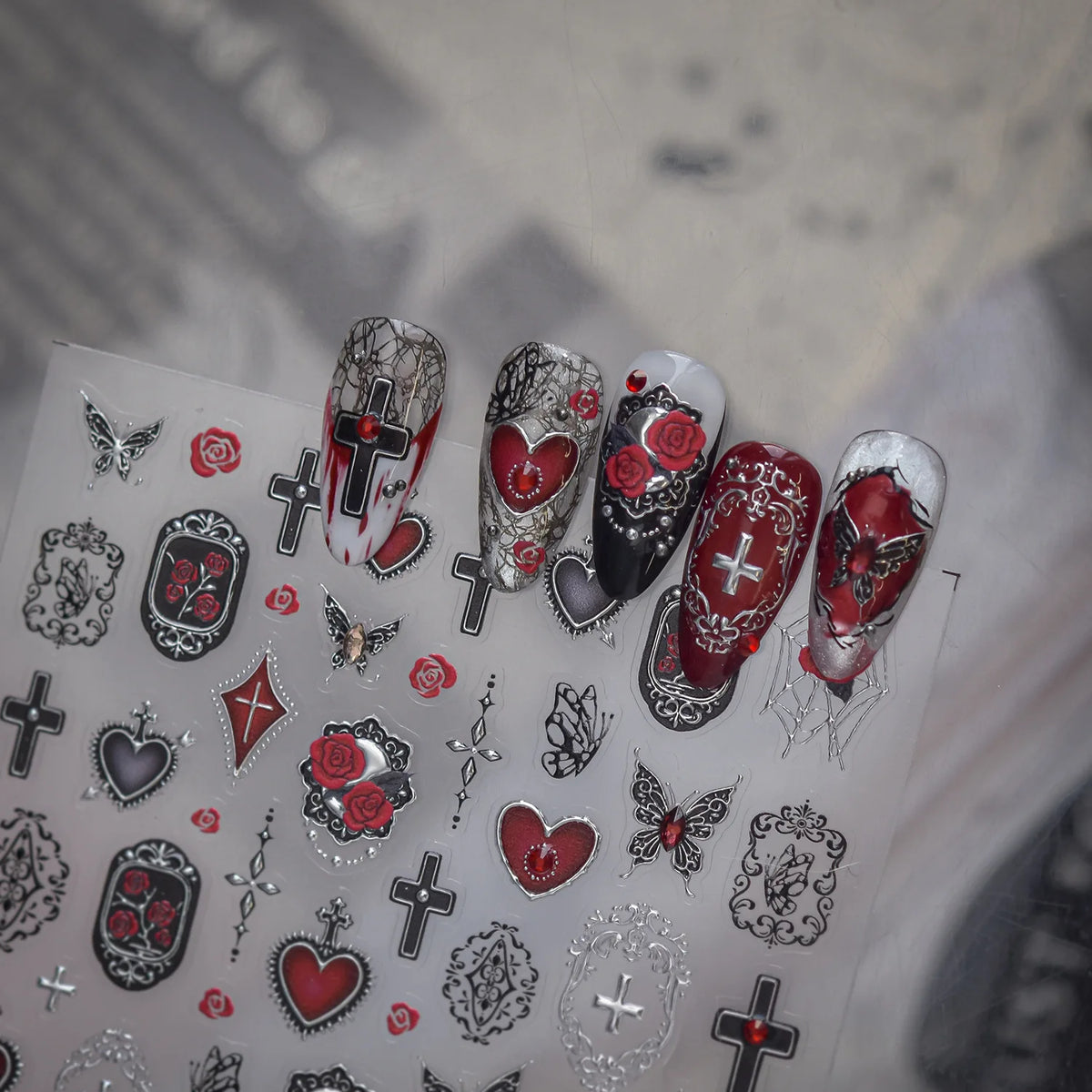 Gothic 5D Nail Stickers | Rose, Cross & Rhinestone Halloween Nail Art Stickers QXL