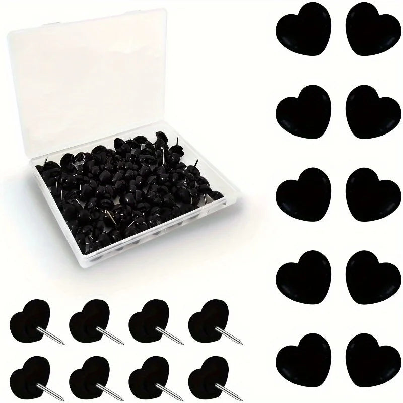50-Pack Heart-Shaped Push Pins – Black Steel Decorative Thumbtacks Decorative Push Pins QXL