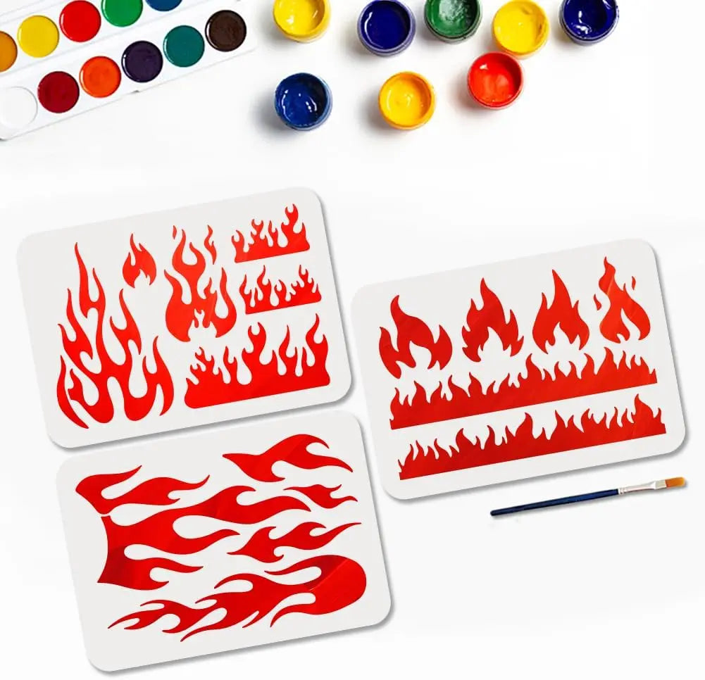 3-Pack Reusable Flame Fire Stencils A4 + Brush | DIY Craft Craft Stencil Set QXL AECH04-13621
