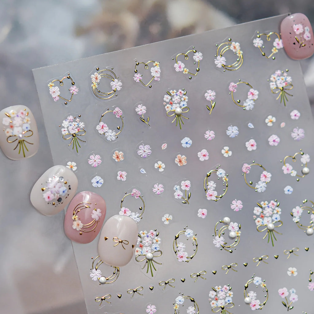 5D Gold Foil Floral Nail Stickers | French Bouquet Decals Nail Art Stickers QXL