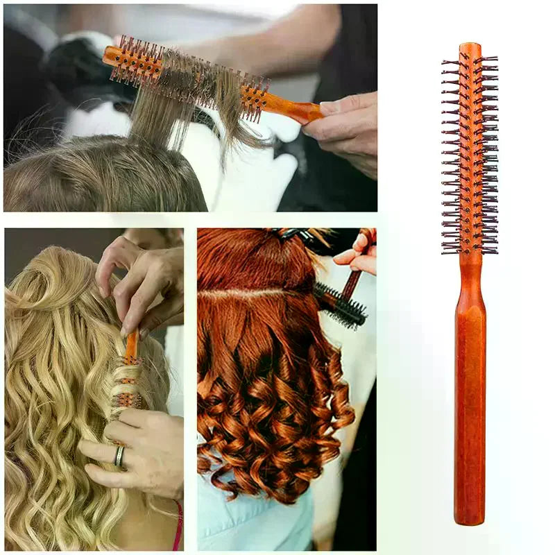Wooden Round Barrel Roller Comb | Nylon Bristle Hair Styling Round Barrel Roller Comb QXL