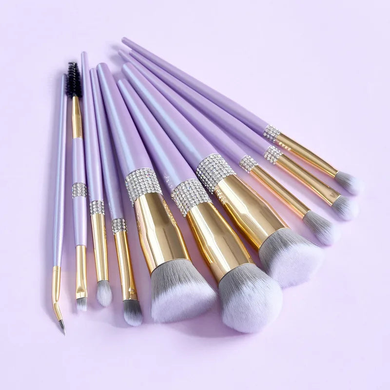 10-Pc Lilac Purple Diamond Makeup Brush Set & Storage Cup Makeup Brush Set QXL