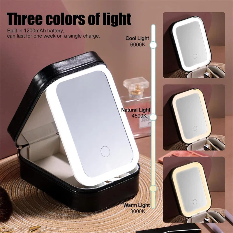 LED Mirror Makeup Storage Case | 3-Color Adjustable Light Box LED Makeup Storage Case QXL