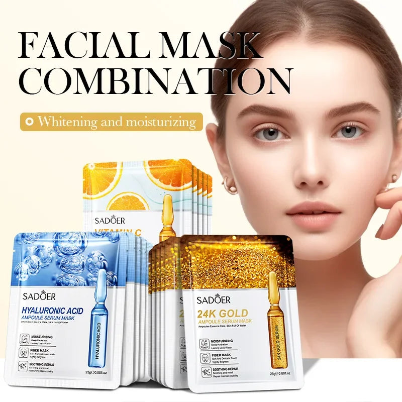 SADOER 15-Pack 24K Gold Hyaluronic Acid Face Masks – Firming Gold Hydrating Face Mask QXL