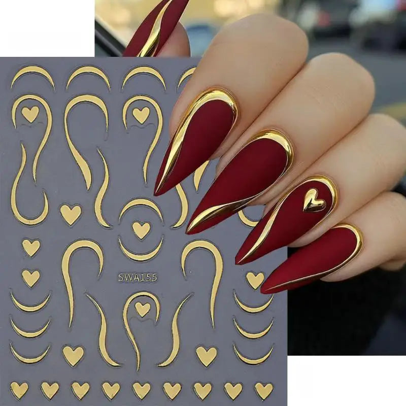3D Gold French Line & Heart Nail Stickers | DIY Nail Decals Nail Art Stickers QXL