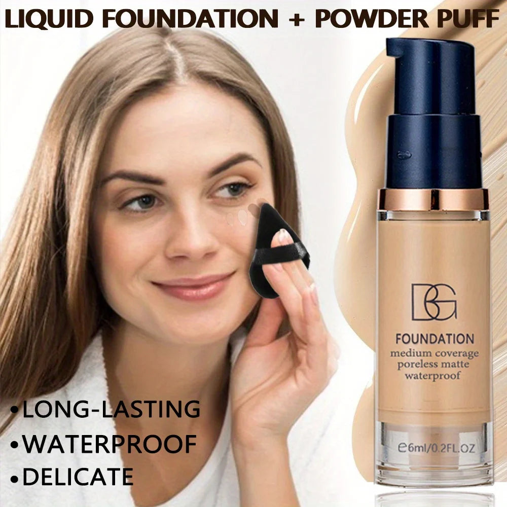 Waterproof Liquid Foundation & Powder Puff Set | Matte Coverage Liquid Foundation Set QXL