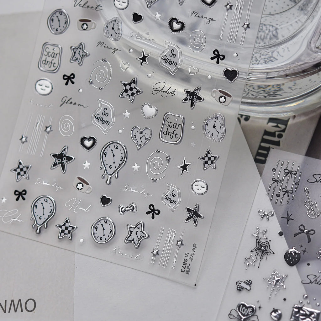5D Mirror Metal Nail Stickers – Silver & Black Self-Adhesive Nail Art Stickers QXL