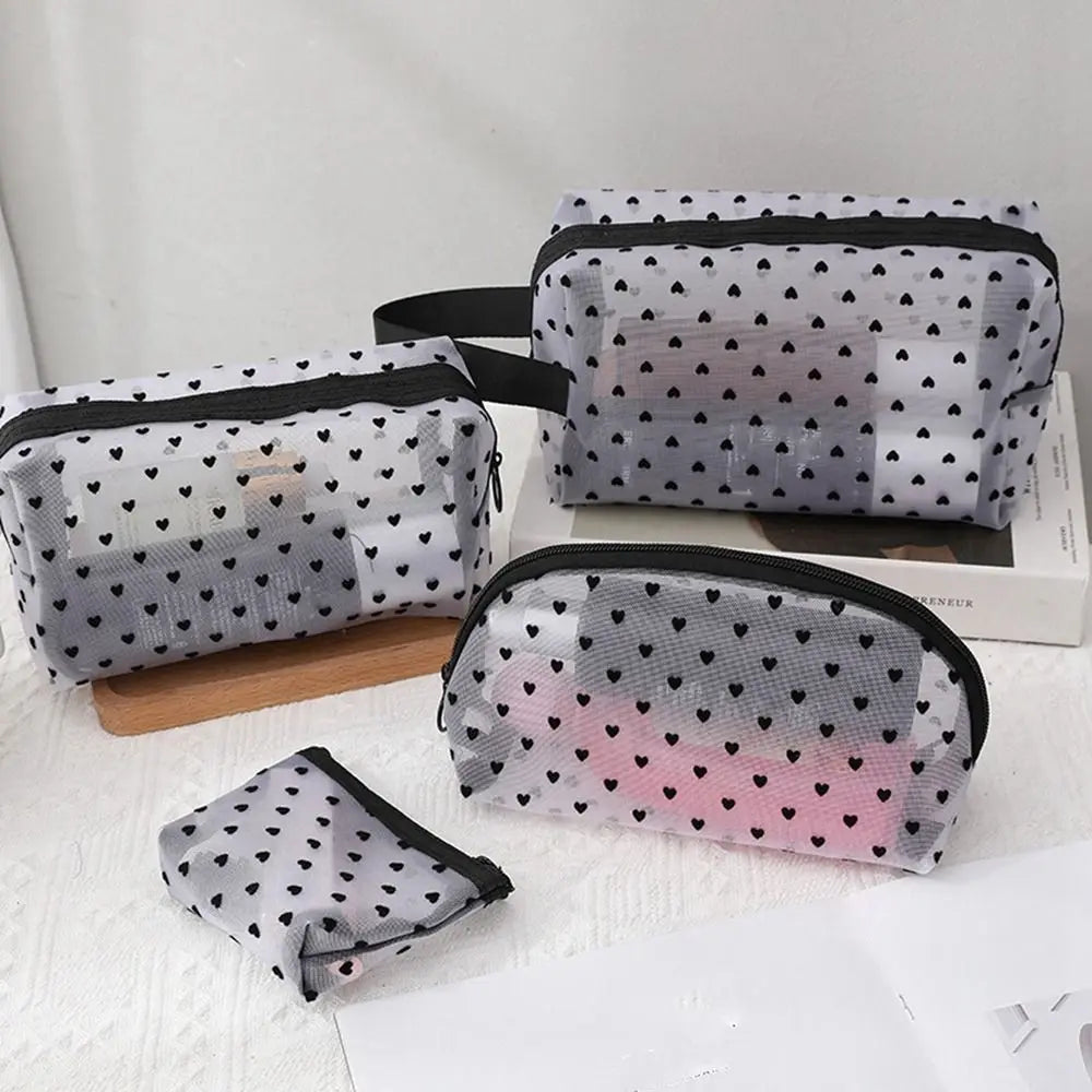 Heart Transparent Mesh Makeup Bag | Cosmetic Organizer Pouch Cosmetic Organizer Bag QXL